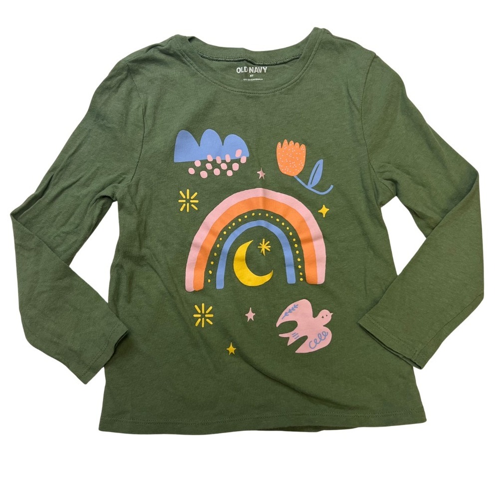 Old Navy Girls Long Sleeve‎ Tee 4T Rainbow Bird Graphic Olive Green Cotton